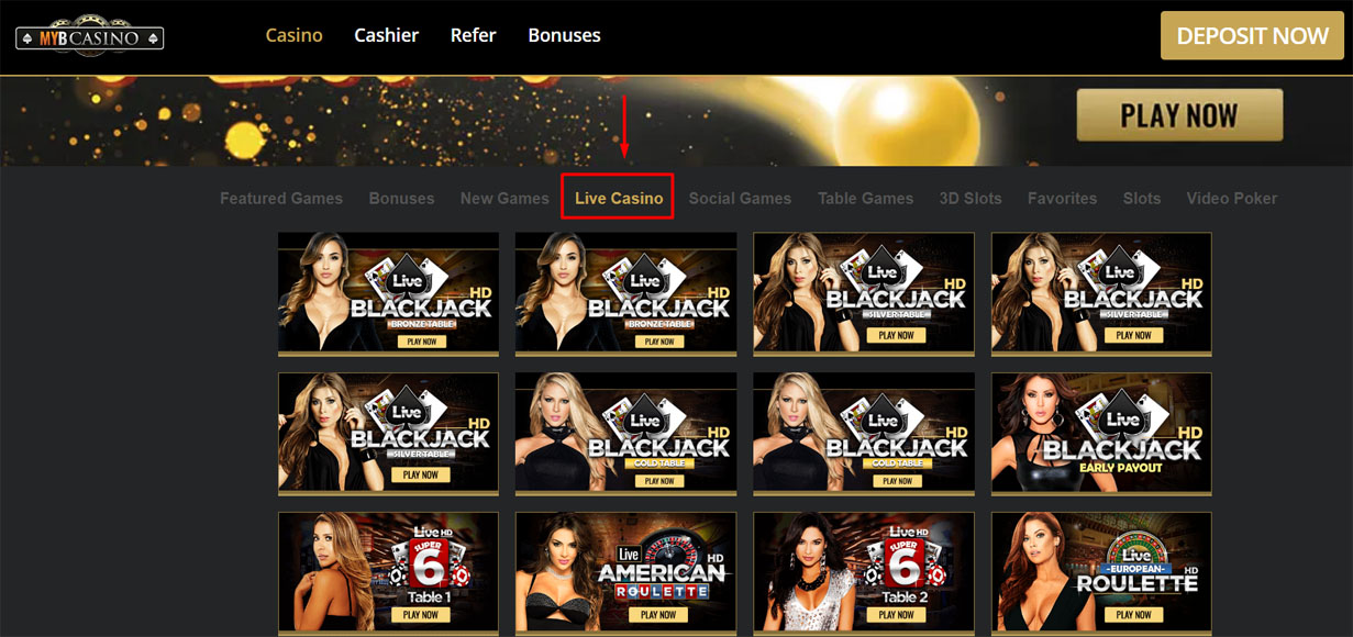 MYB Casino Live Dealer Games Desktop