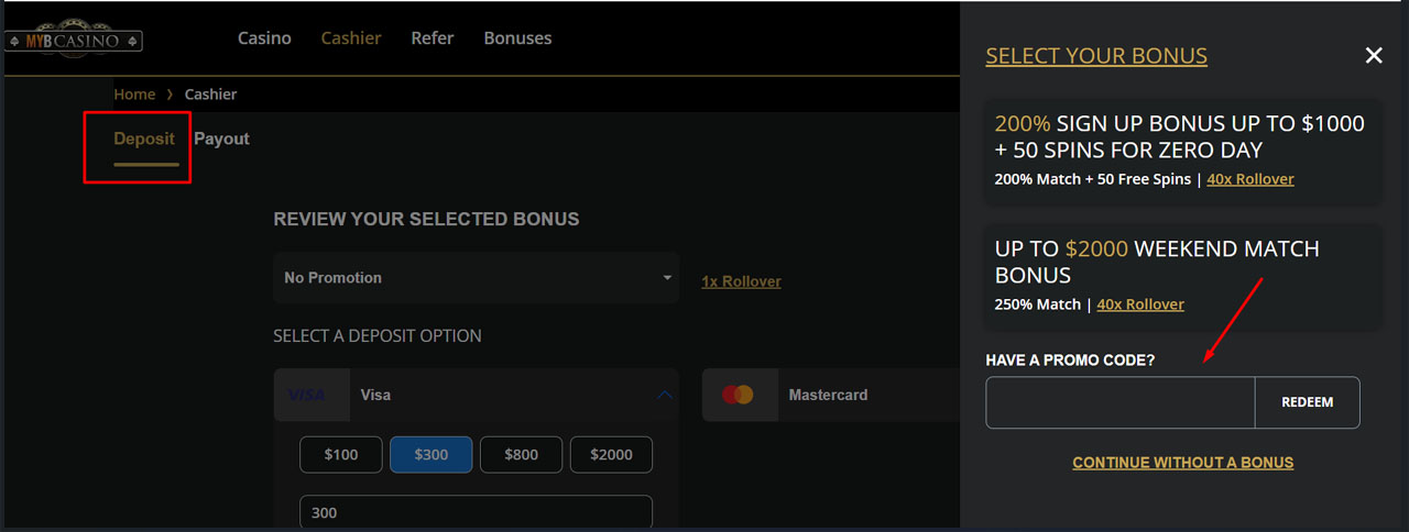 MYB Casino Redeem Bonus Code- Step 2