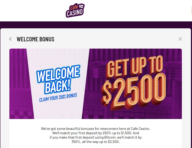 Cafe Casino Redeem Bonus Code- Step 2