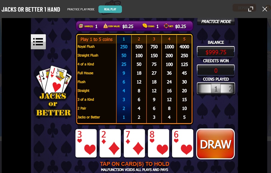 Cafe Casino Video Poker Desktop- Jacks or Better Poker